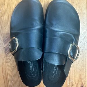 Black Bio Green Slip-On clogs with Gold Buckle